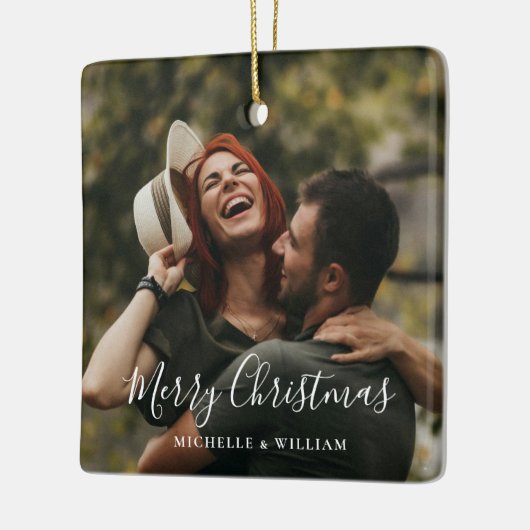 Modern Minimaal Foto Kerstscript Keramisch Ornament (Links)