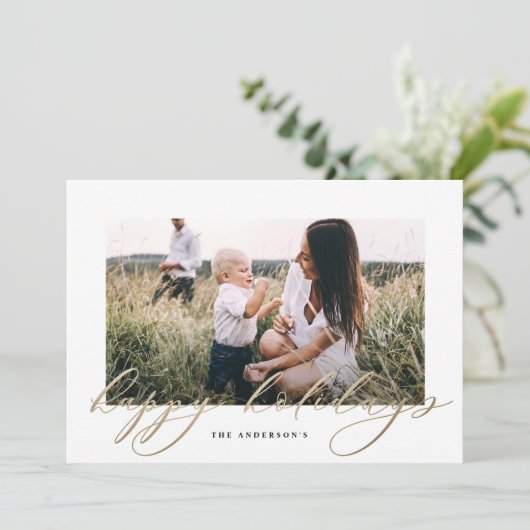 Modern minimaal fotoreitelegant script feestdagenkaart (Staand voorkant)