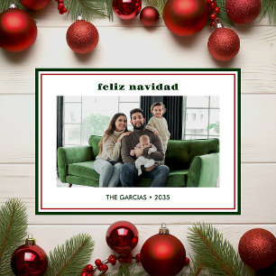 Modern Minimaal Groen Rand Foto Feliz Navidad Feestdagenkaart