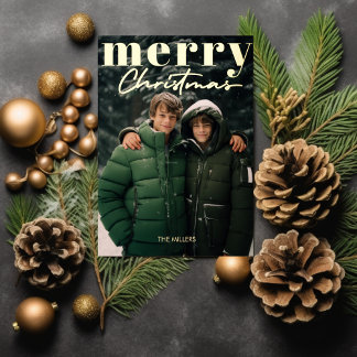 Modern Minimaal Prettig Kerstfeest 1 Foto Elegant Folie Feestdagen Briefkaart