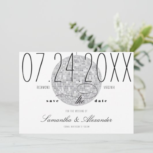 Modern Minimaal Script Discobal Oud Geld Trouwen Save The Date (Staand voorkant)
