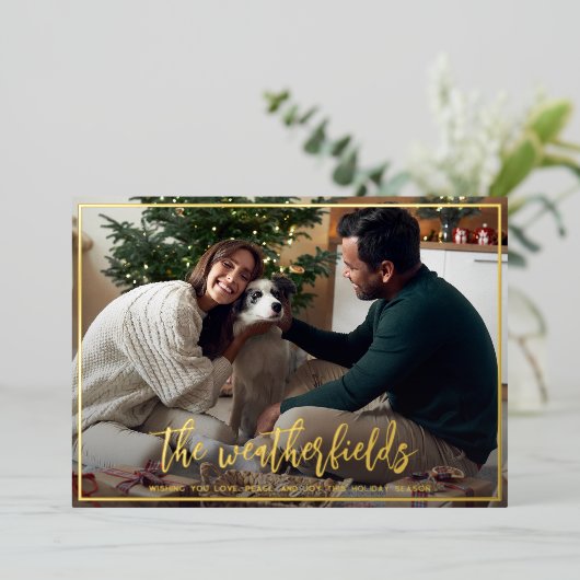 Modern minimaal script kerst goud folie feestdagenkaart (Staand Voorkant)