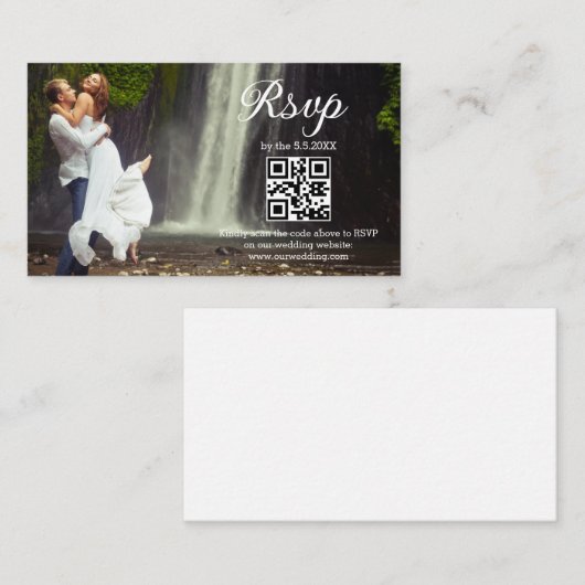 Modern minimaal script RSVP QR code foto bruiloft Informatiekaartje (Voorkant / Achterkant)