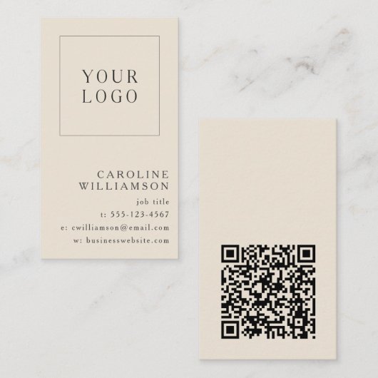 Modern Minimaal Verticaal Logo QR Code Ivoor Zwart Visitekaartje (Voorkant / Achterkant)