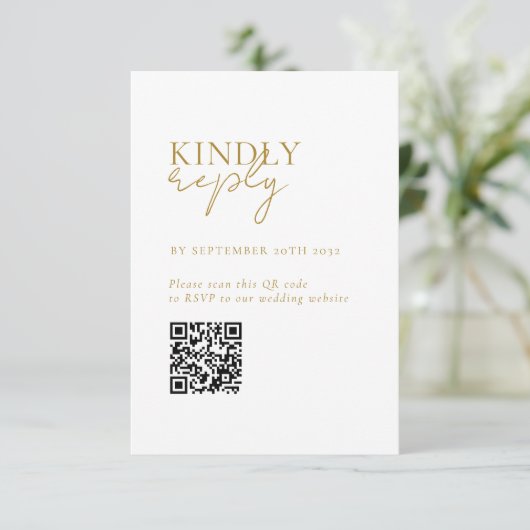 Modern, minimaal, wit, QR-code bruiloft RSVP Informatiekaartje (Staand voorkant)