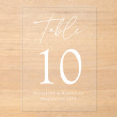 Modern minimaal wit script acryl tafel nummer acryl uitnodigingen (Voorkant)