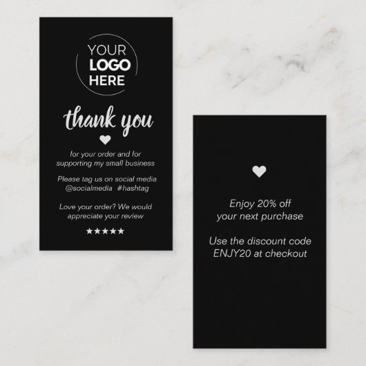 Modern Minimaal Zwart Dank u die Klein steunen Visitekaartje (Voorkant / Achterkant)