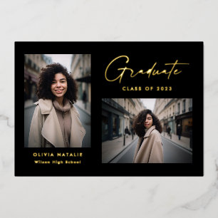 Modern Minimaal Zwart en Goud 2 Foto Afstuderen Folie Uitnodiging