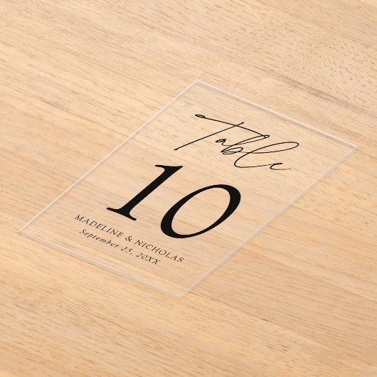 Modern minimaal zwart script acryl tafel nummer acryl uitnodigingen (Laagn)