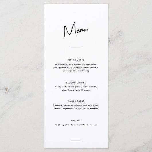 Modern Minimaal Zwart Wit Script Bruiloft Menu (Voorkant)