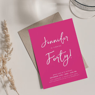 Modern Minimal 40th Birthday Script Hot Pink Kaart