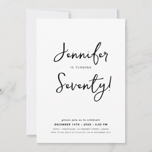 Modern Minimal 70th Birthday Script Zwart & Wit Kaart (Voorkant)