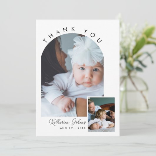 Modern Minimal Arch 2 foto Dank u Baby shower Bedankkaart (Staand voorkant)