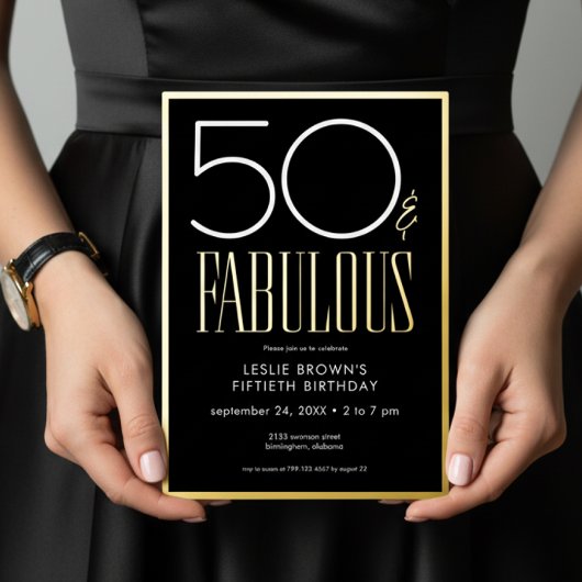Modern Minimal Black Fifty & Fabulous Birthday Folie Uitnodiging