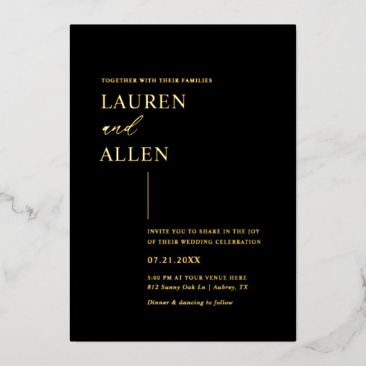 Modern Minimal Black Gold Wedding Folie Uitnodiging (Voorkant)