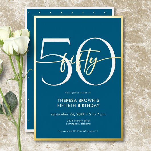 Modern Minimal Blauwgroen Fifty Script Verjaardag Folie Uitnodiging
