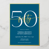 Modern Minimal Blauwgroen Fifty Script Verjaardag Folie Uitnodiging (Voorkant)