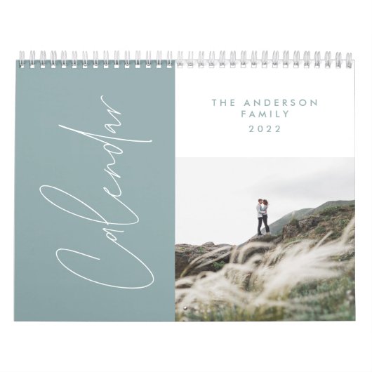 Modern minimal blue 2 photo family elegant kalender (Hoes)