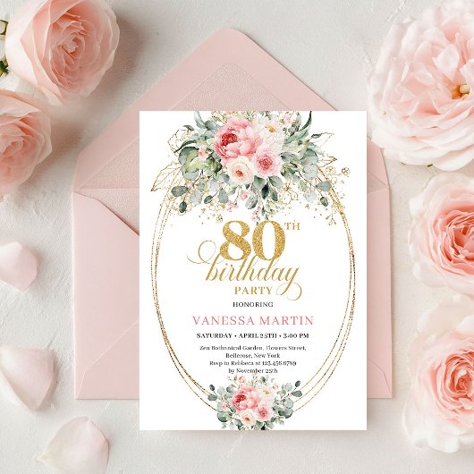Modern Minimal Blush Floral 80th Birthday Invite  Kaart