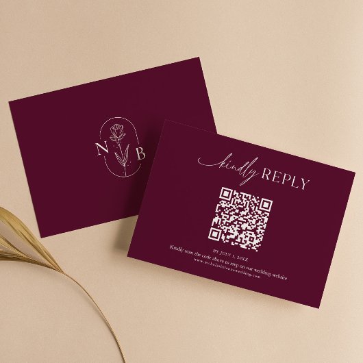 Modern Minimal Burgundy Boho Wedding QR Code RSVP Kaartje