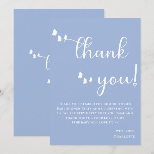 Modern Minimal Butterfly Calligraphy Baby shower Bedankkaart (Voorkant / Achterkant)