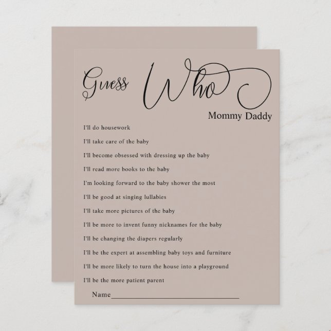 Modern Minimal Calligraphy Baby shower Raad eens w (Voorkant / Achterkant)