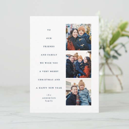 Modern minimal Christmas tree three photo navy Feestdagenkaart (Staand voorkant)