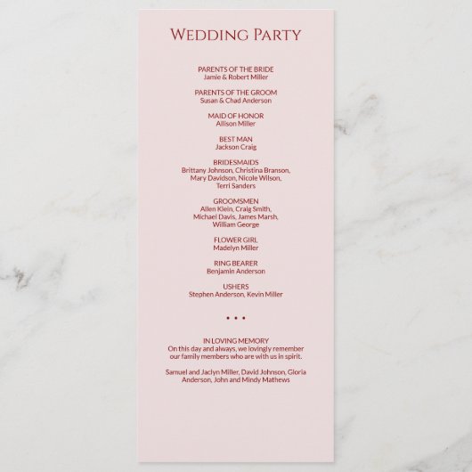 Modern Minimal Crimson & Roos Trouwceremonie Programma (Achterkant)