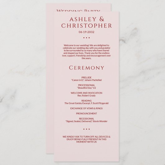 Modern Minimal Crimson & Roos Trouwceremonie Programma (Voorkant / Achterkant)