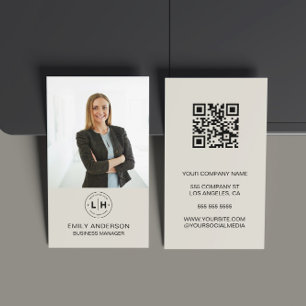 Modern Minimal Custom Photo Logo QR Neutral Tone Visitekaartje