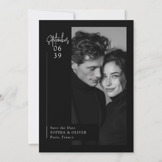 Modern Minimal Editorial Black Photo Save the Date (Devant)