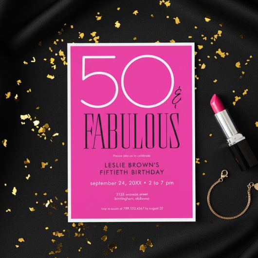 Modern Minimal Fifty Fabulous Bright Pink Birthday Kaart