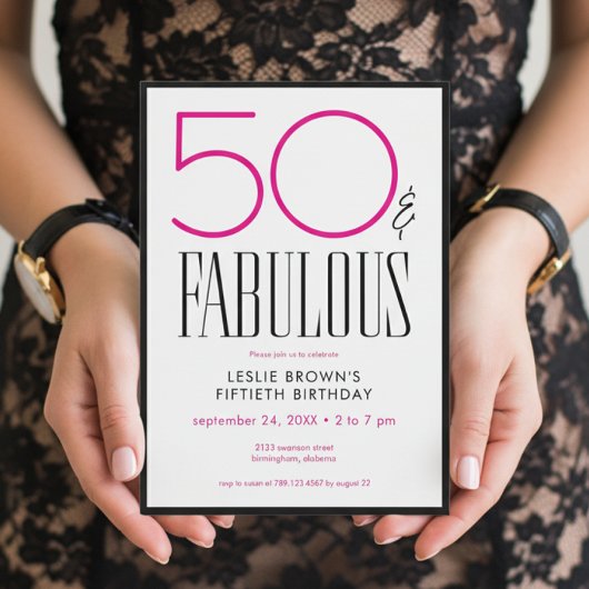 Modern Minimal Fifty Fabulous Pink White Birthday Kaart