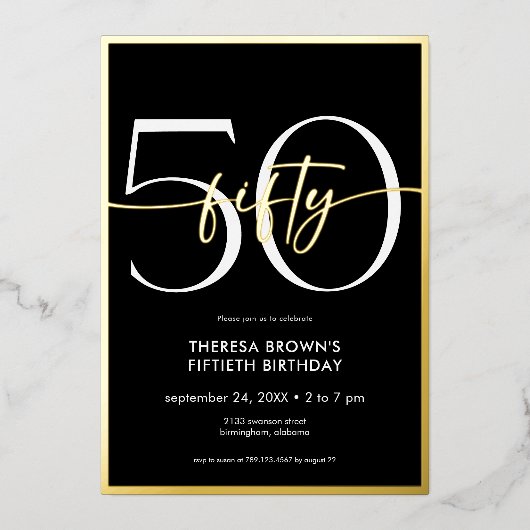 Modern Minimal Fifty Script Verjaardag Folie Uitnodiging (Voorkant)