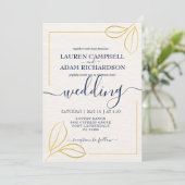 Modern Minimal Gold leaf en Blue Txt bruiloft Kaart (Staand voorkant)