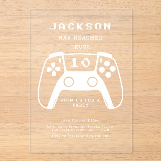 Modern Minimal Level Up Gamer Kids Verjaardagsfees Acryl Uitnodigingen (Voorkant)