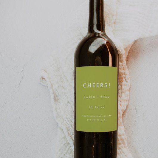 Modern Minimal Lime Green "Cheers!" Wedding Wijn Etiket