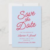 Modern Minimal Minimalist Blue and Red Wedding Save The Date (Voorkant)