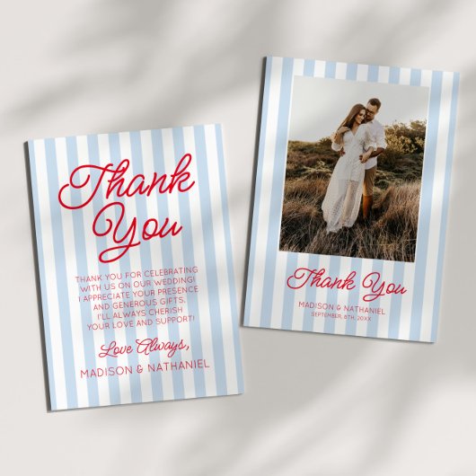 Modern Minimal Minimalist Blue Stripes Red Wedding Bedankkaart