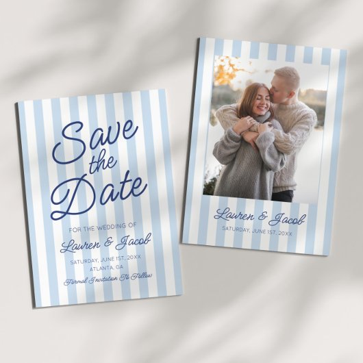 Modern Minimal Minimalist Blue Stripes Wedding Save The Date
