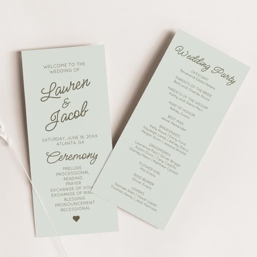 Modern Minimal Minimalist Green  Wedding Programma