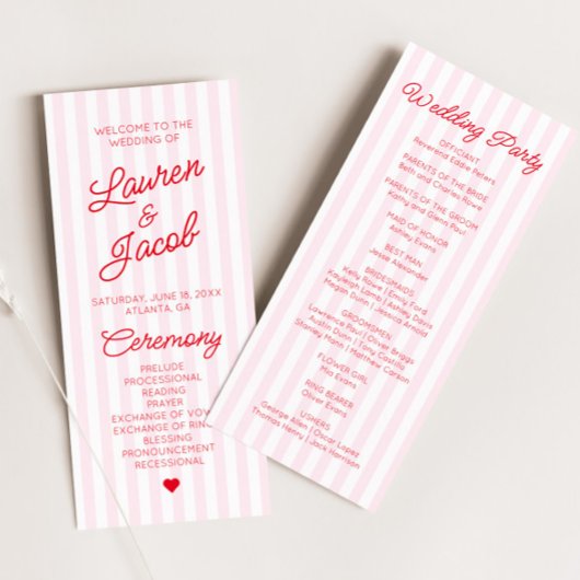 Modern Minimal Minimalist Red Pink Stripes Wedding Programma