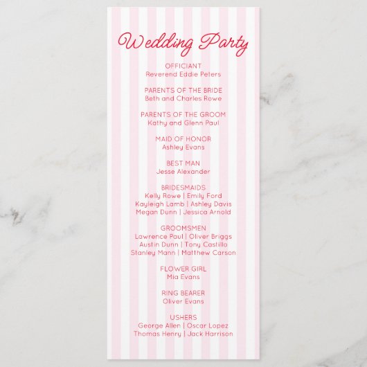 Modern Minimal Minimalist Red Pink Stripes Wedding Programma (Achterkant)