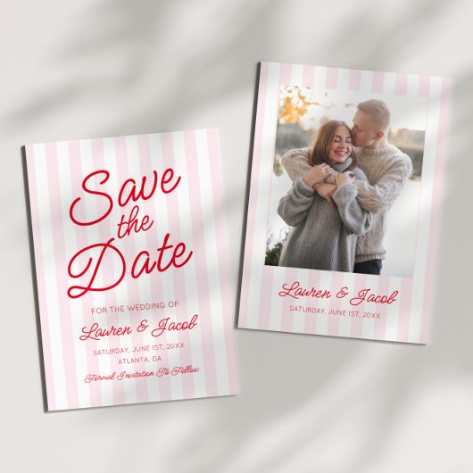Modern Minimal Minimalist Red Pink Stripes Wedding Save The Date