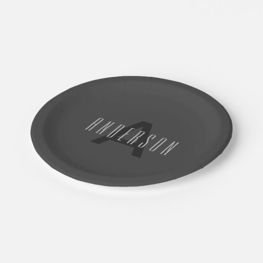 Modern Minimal Monogram Design Bewerkbaar Donkergr Papieren Bordje (Gekanteld)