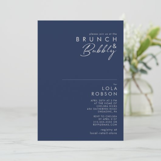 Modern Minimal Navy Blue Silver Brunch en Bubble Kaart (Staand voorkant)