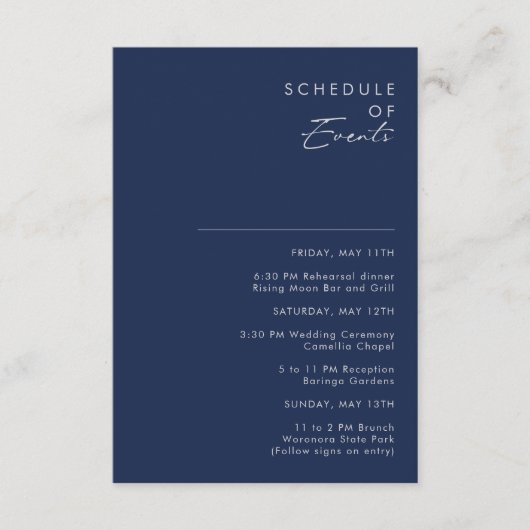 Modern Minimal Navy Blue Silver Schedule of Events Informatiekaartje (Voorkant)