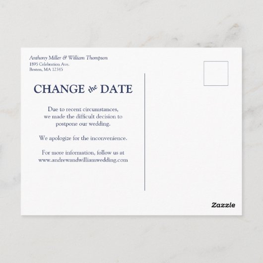 Modern Minimal Navy Blue Wedding Verander de datum Briefkaart (Achterkant)