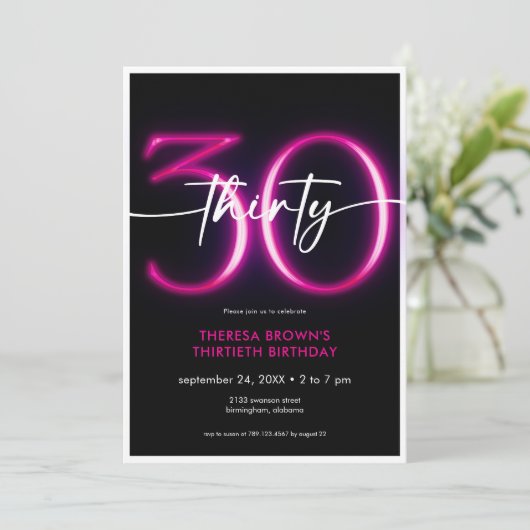 Modern Minimal Neon Pink 30 Script Verjaardag Kaart (Staand voorkant)
