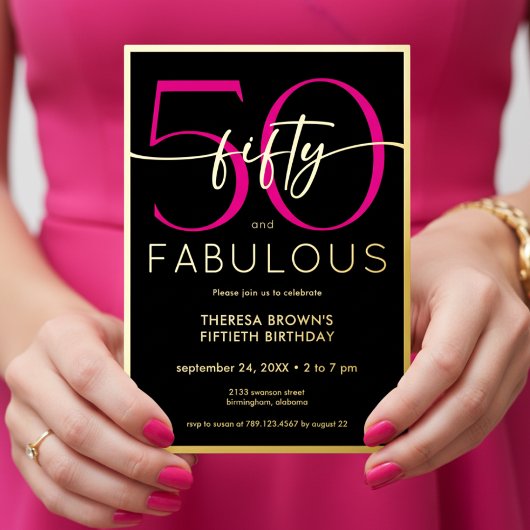 Modern Minimal Pink Fifty Fabulous Script Birthday Folie Uitnodiging